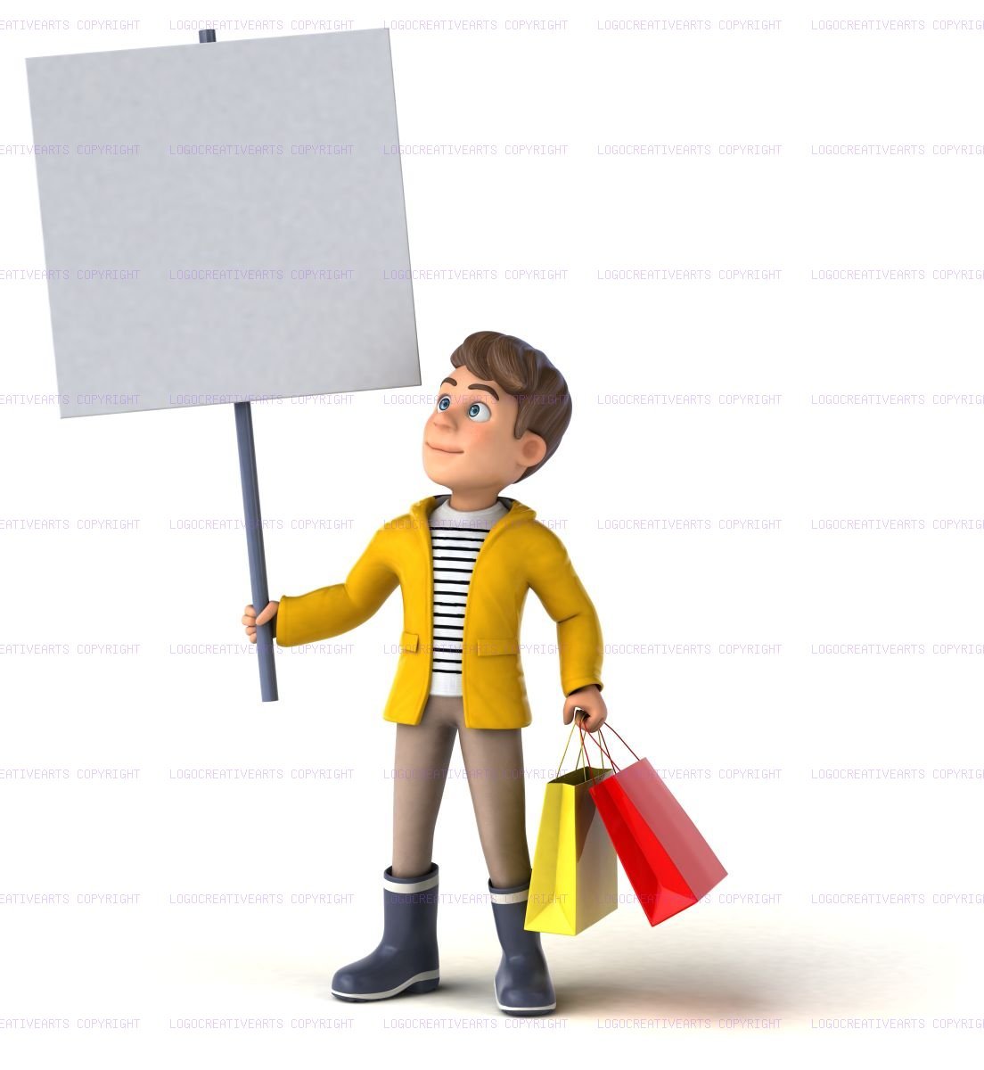 High-res 3D cartoon child character design wearing yellow rain boots and coat