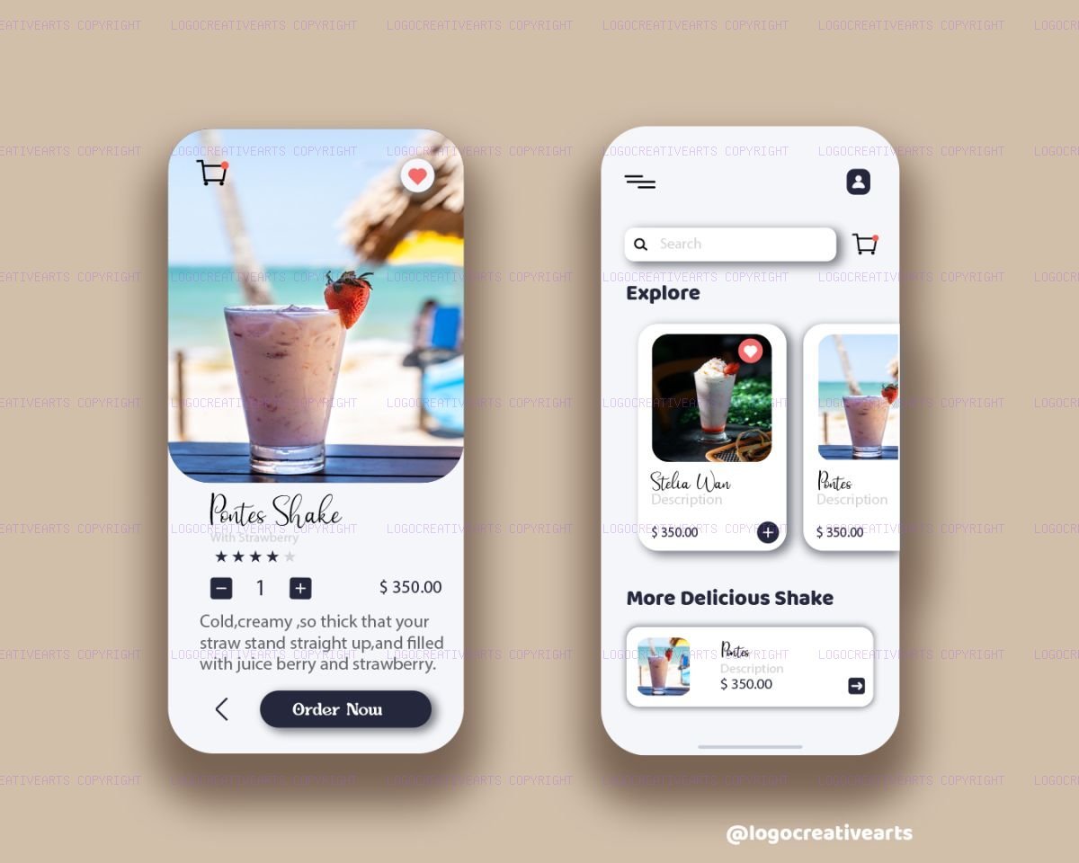 Juice shake delivery app mobile user interface with slide collapse navigation menu